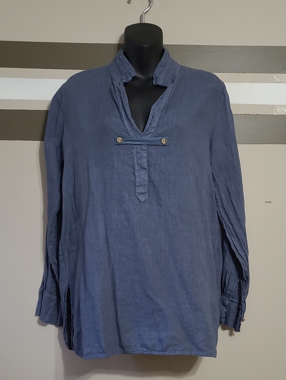 Stella Martini Casual Blue Linen / Cotton Overszd Button-Accent Tunic Shirt Sz M